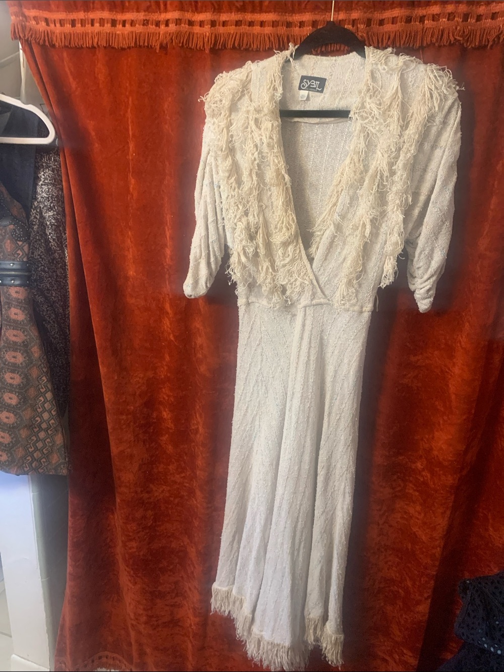 Vintage-Inspired Cream Fringe V-Neck Women’s Dress